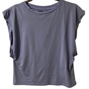Deluc Cap Ruched Sleeve Scoop Neck Muscle Top, Blue, size S